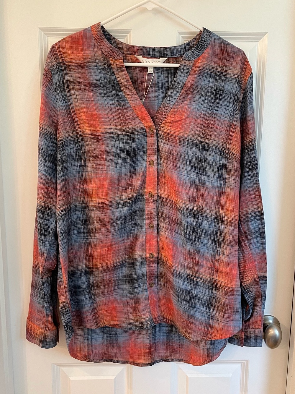 APRICOT UK Plaid Button-Front V-Neck Blouse with adjustable sleeves